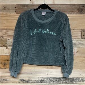 Love at First Sight size Medium Gray Fuzzy Cropped Super Soft Teddy Sweatshirt